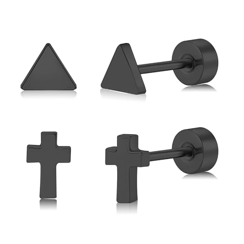 FACOKO Flat Back Ohrringe für Frauen, 2 Paar Titanium Screwback Ohrringe, Hypoallergene Kreuze Ohrstecker, Schwarzes Dreieck Schraube zurück Ohrring für Männer von FACOKO