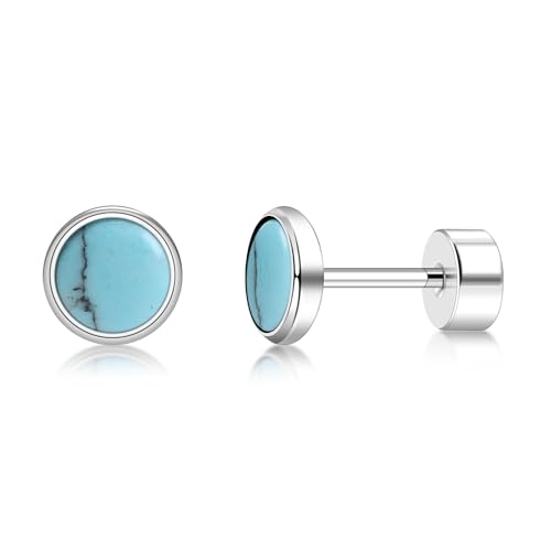 FACOKO Flat Back Ohrringe für Frauen, G23 Titanium Hypoallergenic Onyx Ohrringe, Stein flach zurück Ohrstecker Ohrring für mehrere Piercings Flatback Ohrring empfindliche Ohren (Blau Türkis - 5MM) von FACOKO