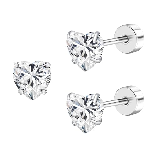 FACOKO Flat Back Ohrringe für Frauen Herz Cubic Zirkonia Ohrstecker Titanium Flat Back CZ Schraube zurück (Klares Herz CZ-5MM) von FACOKO