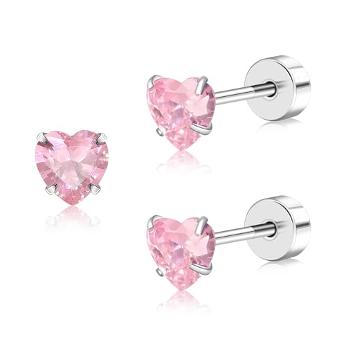 FACOKO Flat Back Ohrringe für Frauen Rosa Cubic Zirkonia Herz Ohrring 4MM Titan CZ Schraube zurück Ohrstecker Stein flach zurück Ohrstecker für mehrere Piercings Flatback empfindliche Ohren von FACOKO