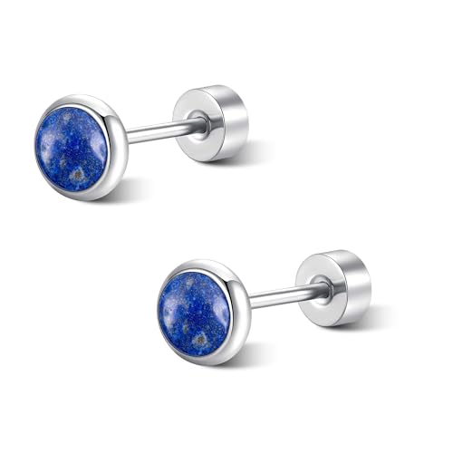 FACOKO Lapislazuli-Ohrstecker 5 mm Titanstahl flache Rückseite Ohrringe für Frauen hypoallergen blaue Stein-Ohrstecker minimalistischer zierlicher Schmuck Geschenk (5MM) von FACOKO