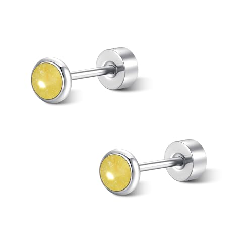 FACOKO Yushi Jade-Titan-Ohrringe mit flacher Rückseite hypoallergene Ohrstecker für Damen 4 mm orangefarbener Stein minimalistische Ohrringe Knorpel-Helix-Tragus-Piercing-Schmuck (4MM) von FACOKO