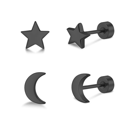 FACOKO flache Ohrringe für Damen 2 Paar Stern- und Mond-Ohrringe 5 mm schwarze Titan-Ohrstecker mit Schraubverschluss für mehrere Ohrlöcher hypoallergene Ohrstecker für empfindliche Ohren FACOKO flache Ohrringe für Damen 2 Paar Stern- und Mond-Ohrringe 5 mm schwarze Titan-Ohrstecker mit Schraubverschluss für mehrere Ohrlöcher hypoallergene Ohrstecker für empfindliche Ohren von FACOKO