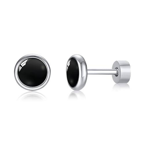 FACOKO schwarze Achat-Titan-Ohrringe flache Rückseite einfache der Ohrstecker hypoallergene Titan-Ohrringe nickelfrei Unisex (5 mm schwarzer Achat) von FACOKO