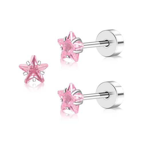 Flat Back Ohrringe Frauen, klare kubische Zirkonia Ohrstecker Flatback, quadratische CZ Schraube zurück Ohrstecker, Titan-Ohrring für mehrere Piercings, 4mm/5mm Stein Optionen (Rosa Stern CZ-4MM) von FACOKO