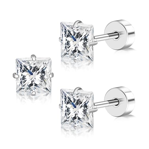 Flat Back Ohrringe Frauen, klare kubische Zirkonia Ohrstecker Flatback, quadratische CZ Schraube zurück Ohrstecker, Titan-Ohrring für mehrere Piercings, 4mm/5mm Stein Optionen (Klarer Squaer CZ-5MM) Flat Back Ohrringe Frauen, klare kubische Zirkonia Ohrstecker Flatback, quadratische CZ Schraube zurück Ohrstecker, Titan-Ohrring für mehrere Piercings, 4mm/5mm Stein Optionen (Klarer Squaer CZ-5MM) von FACOKO