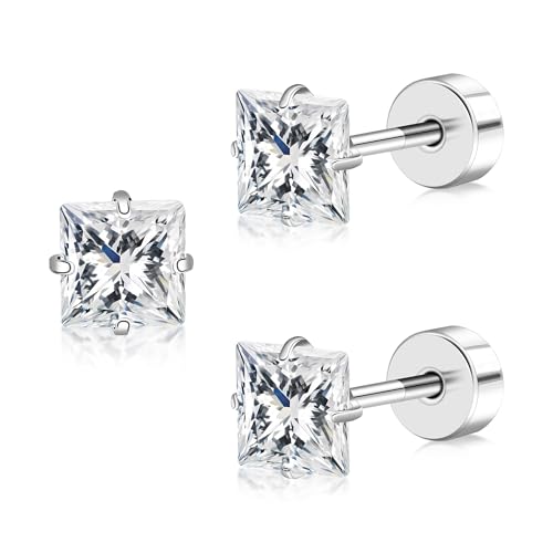 Flat Back Ohrringe Frauen, klare kubische Zirkonia Ohrstecker Flatback, quadratische CZ Schraube zurück Ohrstecker, Titan-Ohrring für mehrere Piercings, 4mm/5mm Stein Optionen (Klarer Squaer CZ-4MM) Flat Back Ohrringe Frauen, klare kubische Zirkonia Ohrstecker Flatback, quadratische CZ Schraube zurück Ohrstecker, Titan-Ohrring für mehrere Piercings, 4mm/5mm Stein Optionen (Klarer Squaer CZ-4MM) von FACOKO