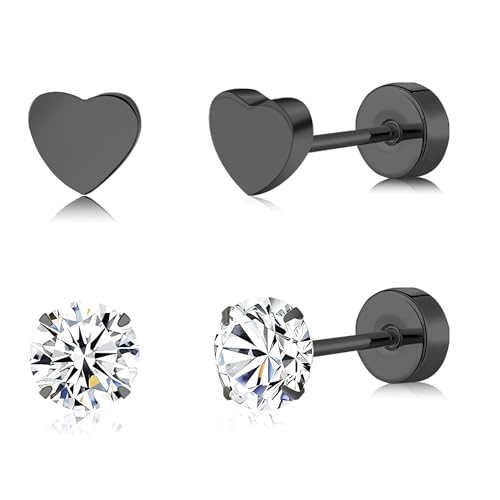 FACOKO 2 Paar runde und herzförmige Titan-Ohrstecker mit Zirkonia 5 mm flach Schwarz farben hypoallergen minimalistisch Schmuckset für Damen (Schwarz-CZ) von FACOKO