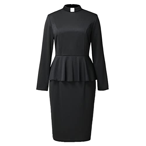 FAD-4U Kirchenpriester Clergy Kleid für Damen, langärmelig, Rüschen, schmal, Bleistiftkleid mit Schlaufeneinsatz, Stehkragen, Schwarz, L von FAD-4U