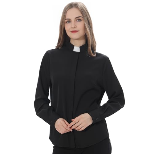 Priester Klerus Hemd für Frauen Pastor Tab Kragen Dame Knopfleiste Clerical Langarm Shirt, Schwarz, Groß von FAD-4U