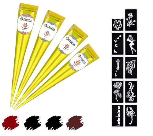 4x FADEDA Henna Kegel | 4x 25g natürliche Paste | 2x Schwarz, 1x Natur-Braun, 1x Kastanien-Braun | 10 verschiedene Sticker-Schablonen | 100 % pflanzlich | gebrauchsfertig & ohne PPD von FADEDA