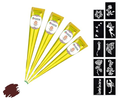 4x FADEDA Henna Kegel | 4x 25g natürliche Paste | Natur-Braun | 10 verschiedene Sticker-Schablonen | 100 % pflanzlich | gebrauchsfertig & ohne PPD von FADEDA