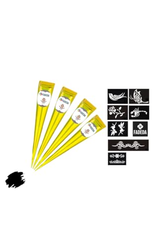 4x FADEDA Henna Kegel | 4x 25g natürliche Paste | Schwarz | 8 verschiedene Sticker-Schablonen | 100 % pflanzlich | gebrauchsfertig & ohne PPD von FADEDA