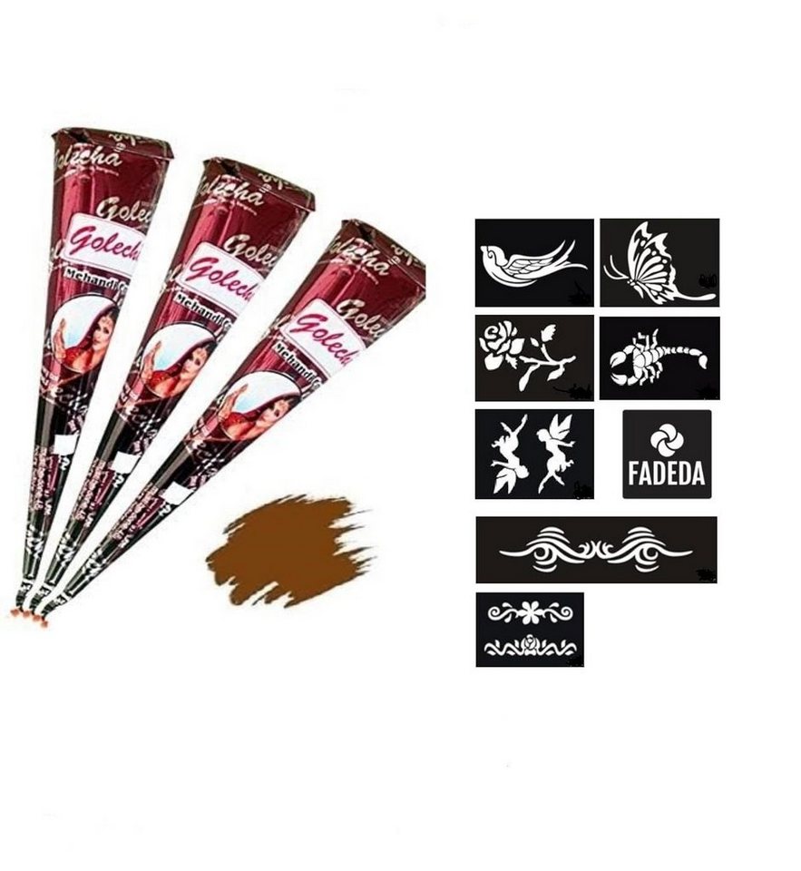 FADEDA Strass-Tattoo 11x FADEDA Natural 3x Henna Paste KEGEL 75 g CONES + 8x Sticker, 11er SET, VEGAN, HALAL, 100% Bio von FADEDA