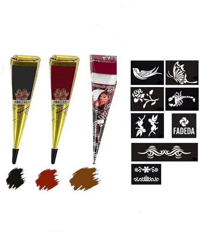 FADEDA Strass-Tattoo 11x FADEDA Natural 3x Henna Paste KEGEL 75 g CONES + 8x Sticker, 11er SET, VEGAN, HALAL, 100% Bio von FADEDA