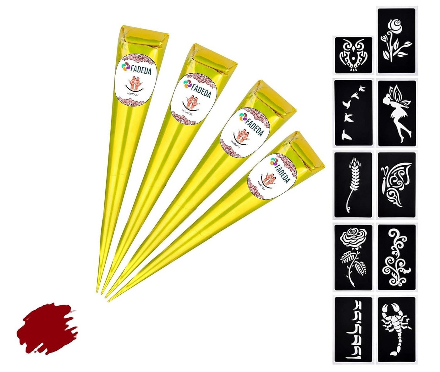 FADEDA Strass-Tattoo 4x Henna Kegel je 25g natürliche Paste, 10x Schablonen, 100 % Bio, 4 Henna Kegel je 25 Gramm + 10x Schablonen, 100 % NATÜRLICHE HENNA-PASTE INKLUSIVE 10x SCHABLONEN von FADEDA