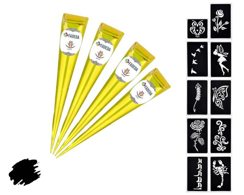 FADEDA Strass-Tattoo 4x Henna Kegel je 25g natürliche Paste, 10x Schablonen, 100 % Bio, 4 Henna Kegel je 25 Gramm + 10x Schablonen, 100 % NATÜRLICHE HENNA-PASTE INKLUSIVE 10x SCHABLONEN von FADEDA