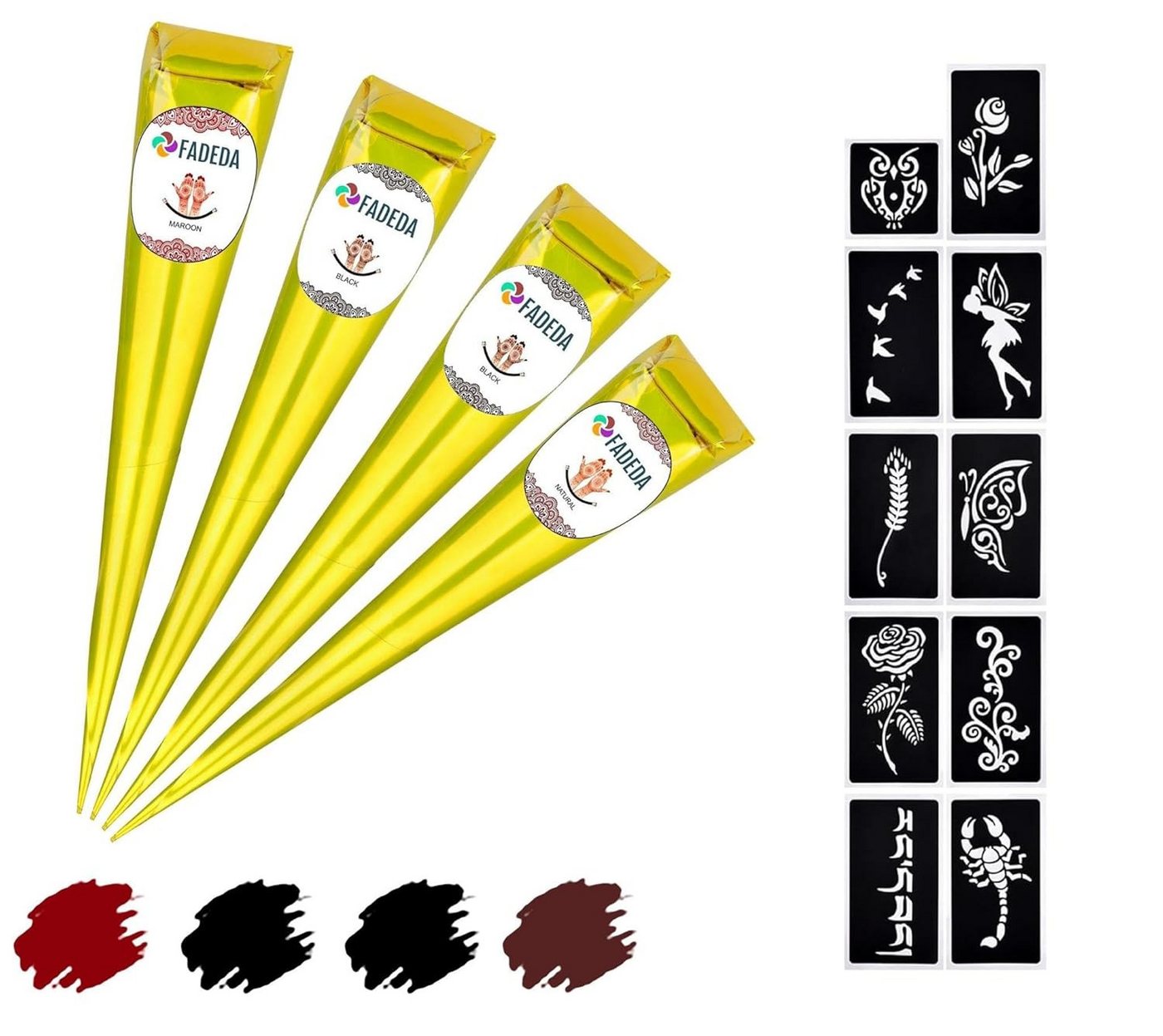 FADEDA Strass-Tattoo 4x Henna Kegel je 25g natürliche Paste, 10x Schablonen, 100 % Bio, 4 Henna Kegel je 25 Gramm + 10x Schablonen, 100 % NATÜRLICHE HENNA-PASTE INKLUSIVE 10x SCHABLONEN von FADEDA