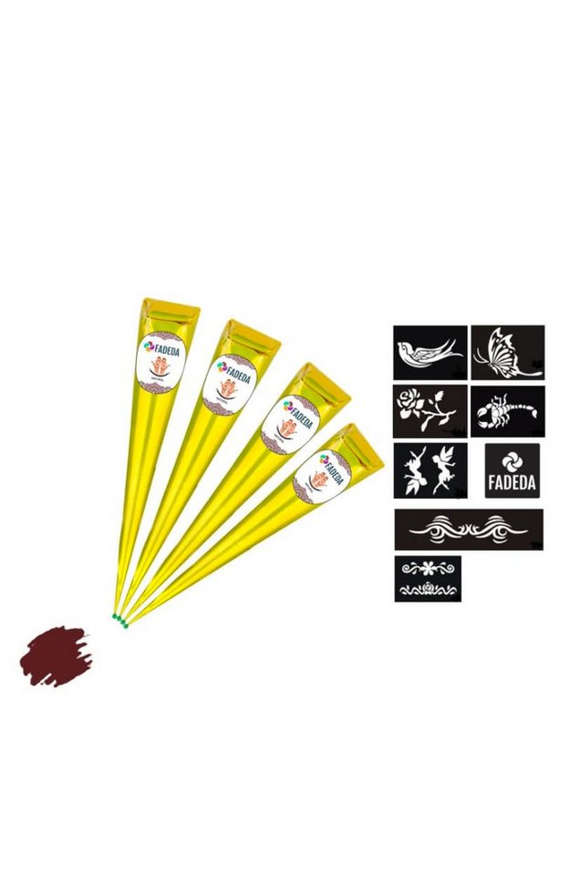 FADEDA Strass-Tattoo 4x Henna Kegel je 25g natürliche Paste, 8x Schablonen, 100 % Bio, 4 Henna Kegel je 25 Gramm + 8x Schablonen, 100 % NATÜRLICHE HENNA-PASTE INKLUSIVE 8x SCHABLONEN von FADEDA