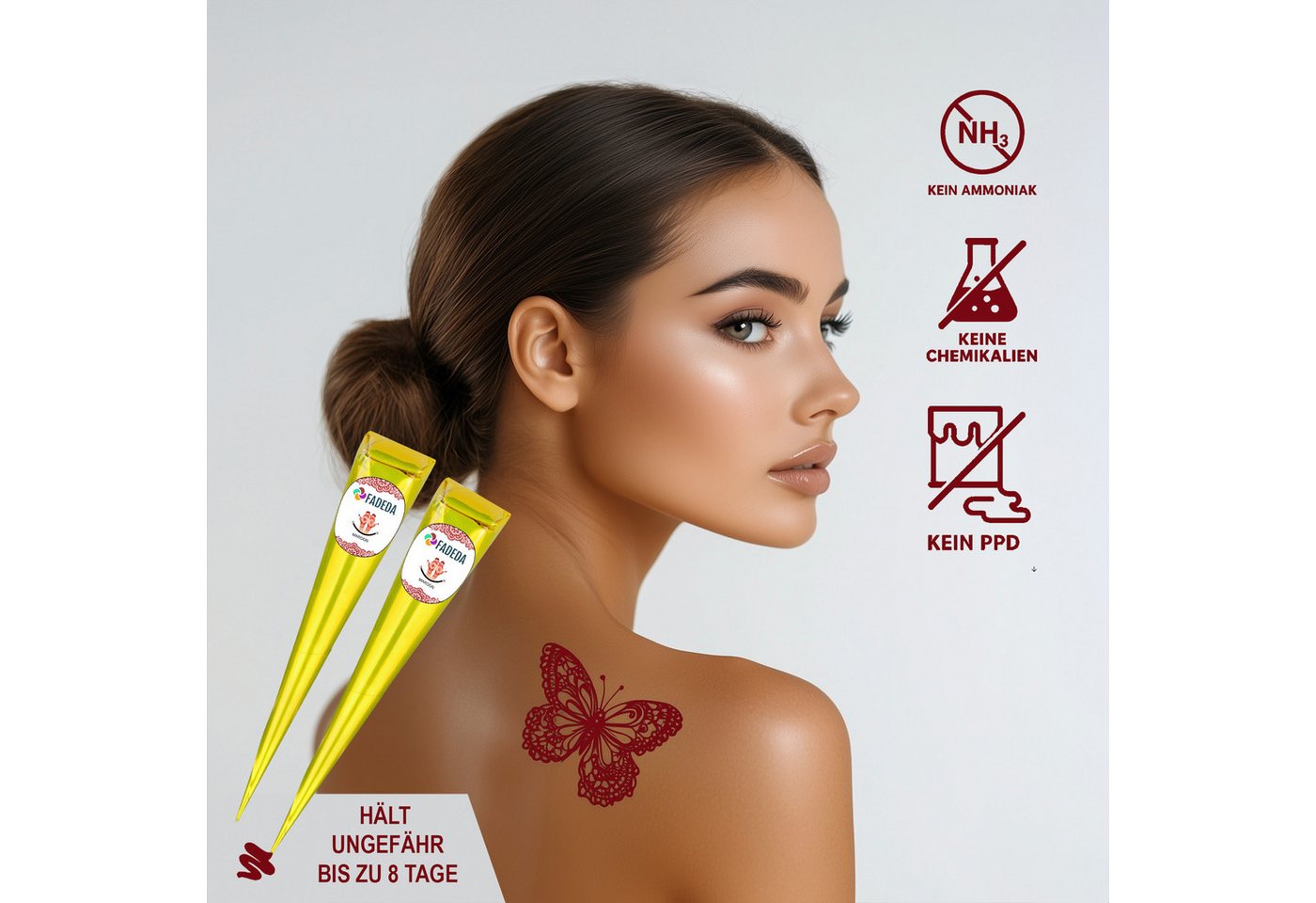 FADEDA Strass-Tattoo 4x Henna Kegel je 25g natürliche Paste, 8x Schablonen, 100 % Bio, 4 Henna Kegel je 25 Gramm + 8x Schablonen, 100 % NATÜRLICHE HENNA-PASTE INKLUSIVE 8x SCHABLONEN von FADEDA