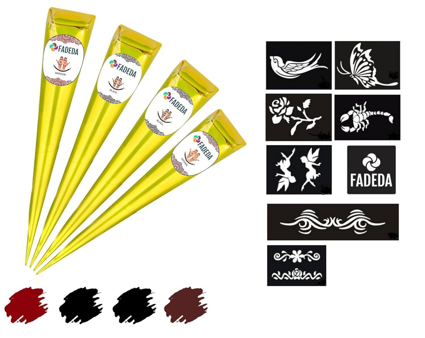 FADEDA Strass-Tattoo 4x Henna Kegel je 25g natürliche Paste, 8x Schablonen, 100 % Bio, 4 Henna Kegel je 25 Gramm + 8x Schablonen, 100 % NATÜRLICHE HENNA-PASTE INKLUSIVE 8x SCHABLONEN von FADEDA