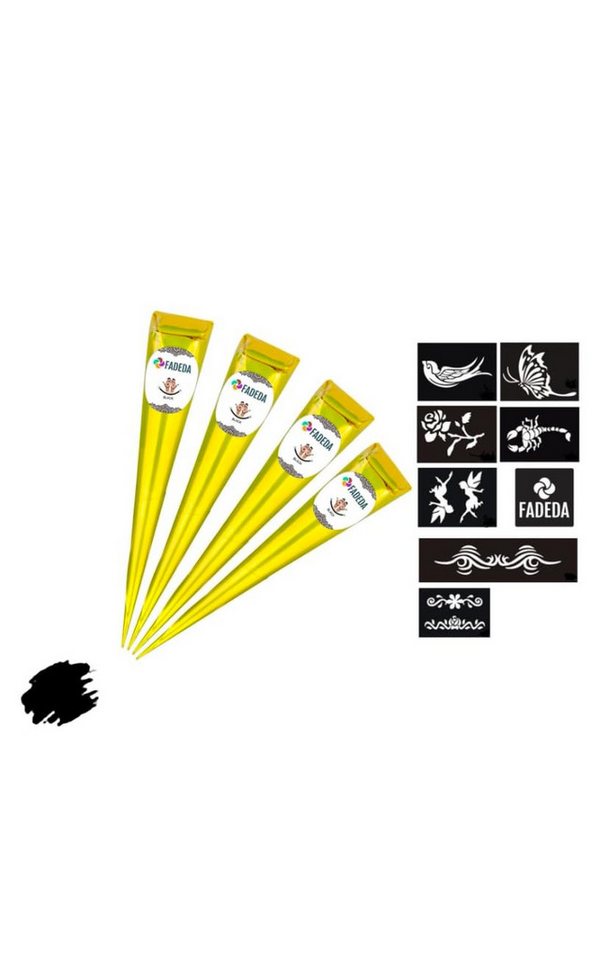 FADEDA Strass-Tattoo 4x Henna Kegel je 25g natürliche Paste, 8x Schablonen, 100 % Bio, 4 Henna Kegel je 25 Gramm + 8x Schablonen, 100 % NATÜRLICHE HENNA-PASTE INKLUSIVE 8x SCHABLONEN von FADEDA