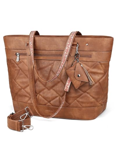 FADEON Gesteppte Tragetasche für Damen, Designer-Laptop-Tragetasche, 39,6 cm (15,6 Zoll), große Laptop-Geldbörse, Kunstleder, Schultertasche, Braun von FADEON