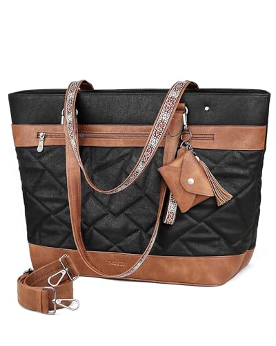 FADEON Gesteppte Tragetasche für Damen, Designer-Laptop-Tragetasche, 39,6 cm (15,6 Zoll), große Laptop-Geldbörse, Kunstleder, Schultertasche, Retro Schwarz mit Braun von FADEON