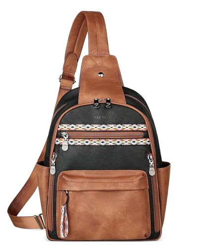 FADEON Schultertasche für Damen, Umhängetasche, großer Sling-Rucksack, PU-Leder, Designer-Anti-Diebstahl-Schultertasche, 4 RIDF-Kartenfächer, Retro Schwarz mit Braun, 9.7 x 5 x 11 inches von FADEON