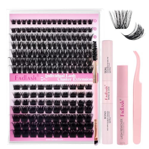 FADLASH DIY Wimpernverlängerung Kit, Wimpern Kit mit 280 Pcs Cluster Wimpern Bindung und Siegel, Wimpern Pinzette und Wimpern Remover, Wimpernbürste für Anfänger(100D+200D-0.07D-8-16mix Kit) von FADLASH