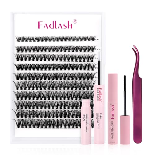 Fadlash Wimpern Extensions Set Wimpern Cluster, Wimpern Kleber Bond & Seal, Wimpern Entferner und Wimpernpinzette, Wimpern Einzeln DIY Wimpernverlängerung Set für Anfänger(40D-0.07D, 8-16mm, Kit) von FADLASH