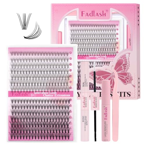 Wimpern Extensions Set Wimpern Cluster DIY Wimpern Extensions Kit Super Halt Bindung und Dichtung, Wimpern Entferner Remover Wimpernpinzette Wimpern Einzeln für Anfänger(10D+20D-0.07D, 8-16mm, Kit) von FADLASH