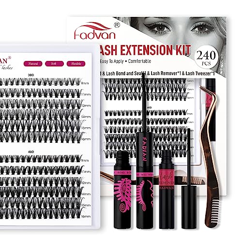 FADVAN DIY Wimpern Extensions Set 30+40D D-Curl 240 Pcs Individual Lash Cluster Wimpern Kleber und Schuzter für Einzelne Wimpern, Applicator Tool,Entferner, Wimpernverlängerung Kit（FD-RRTH-30+40D） von FADVAN