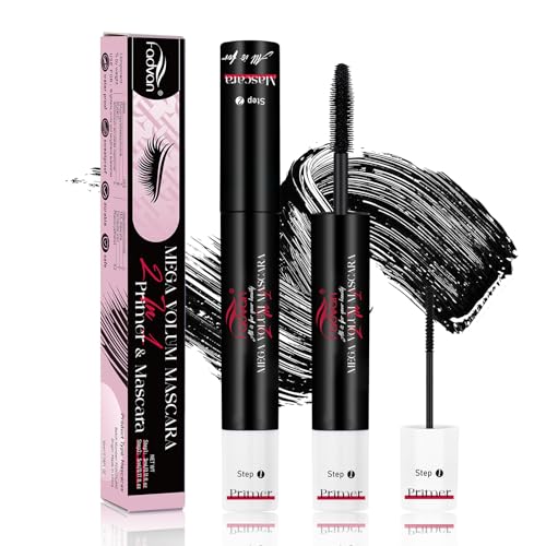 FADVAN Mascara, Mega Mascara mit Primer 2 in 1. Volumen & Curling 2-stufiges Make-up-Auftragen für langanhaltende, dicke und geschwungene Wimpern. Schwarz Schnelltrocknend, sicher und extrem hypoaller von FADVAN
