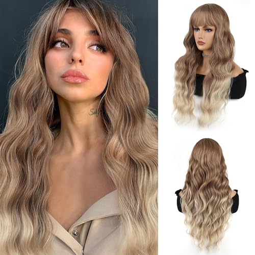 FAELBATY Lange Lockige Perücke Braune Perücke mit Bangs Ombre Blond bis Braun Perücke Lange Lockige Perücken für Frauen Mädchen Kunstfaserperücke Natürliche Perücke Tägliche Party Perücke (T30/22#) von FAELBATY