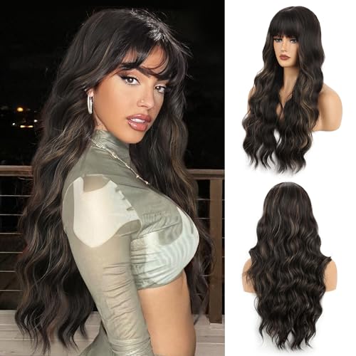 FAELBATY Lange Lockige Perücke Dunkelbraun Mit Bangs - Ombre Blond bis Dunkelbraun für Frauen Mädchen - Synthetische Natürliche Perücke für Tägliche Party (H6/30#) von FAELBATY