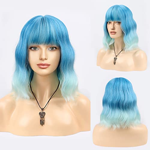 FAELBATY Ombre Blau Perücke Kurze Locken Perücke mit Pony Kurze blaue Perücke für Frauen und Mädchen Schulterlang Synthetische Halloween Cosplay Party Perücke Kostüm Perücke (12 Ombre Blau) von FAELBATY