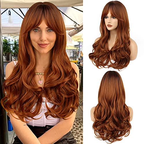 FAELBATY Perücke mit langen Locken Orange Pony Perücke Ombre braun bis orange Perücke für Frauen Perücke mit langen Locken für Mädchen Natürliche Locken Perücke Party Cosplay Perücke (24" R6/30C#) von FAELBATY