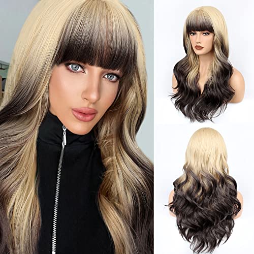 FAELBATY Perücke mit langen Locken blond Perücke mit Pony Ombre blond bis braun Perücke mit langen Locken Perücke für Frauen Natürliche Locken Perücke für Mädchen Party Cosplay Perücke (21" RW4/86#) von FAELBATY
