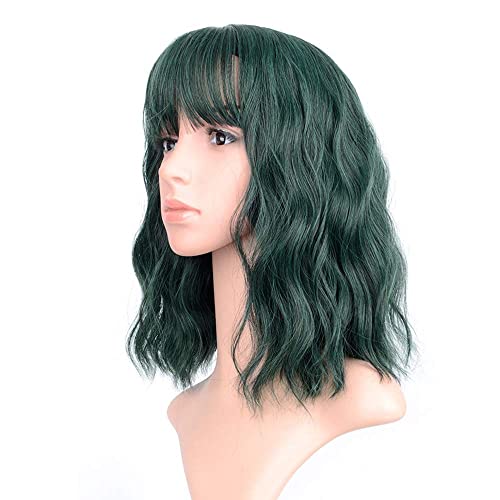 FAELBATY Wellige Perücke Kurze Bob Green Perücken mit Luftknallen Schulterlange Damenperücke Curly Wavy Synthetic Cosplay Perücke Grüne Bob Perücke für Mädchen Dark Geen Color Perücken von FAELBATY