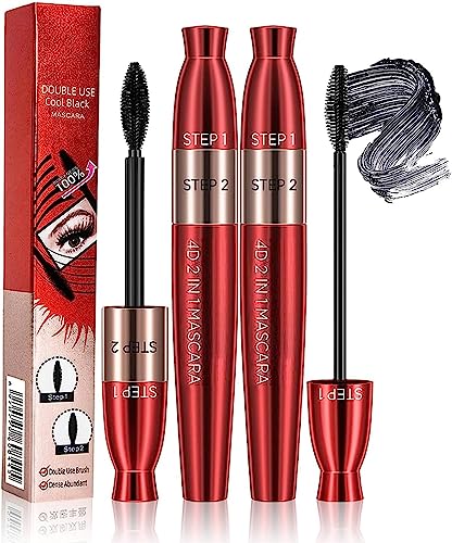 4D-Verlängerungs Curling Mascara, 2-in-1 Schwarz Mascara mit zwei Köpfen, wasserfeste Wimperntusche aus Seidenfaser Wimperntusche, nicht verschmierende, dauerhafte Curling-Mascara von FAFOUR