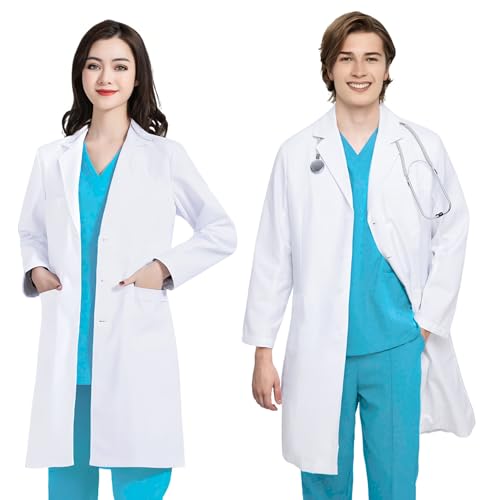 FAHAKO Laborkittel Arztkittel Damen Herren, Baumwolle Chemie Kittel Weiß Labormantel Männer Frauen Arzt Kittel Langarm Arbeitskittel Arztmantel Medizin Arbeitsmantel mit 3 Tasche für Labor Schule, L von FAHAKO