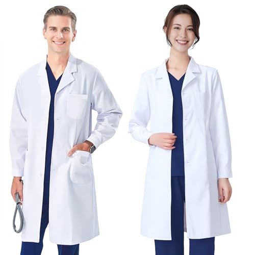 FAHAKO Laborkittel Damen Herren Arztkittel Weiß Kittel Baumwolle Labormantel Chemie Kittel mit Knöpfen und 3 Tasche Arzt Kostüm Langarm Arztmantel Schutzkleidung Arbeitskittel für Schüler Labor, L von FAHAKO