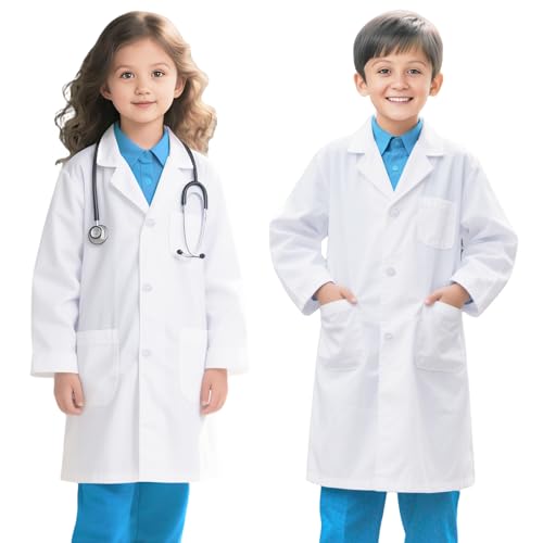 FAHAKO Laborkittel Kinder Baumwolle Arztkittel Kinder Wissenschaftler Kittel für Junge Mädchen, Weiß Arzt Kostüm Doctor Labormantel Langarm Medizin Chemie Kittel für Schüler Studium Malen Karneval, S von FAHAKO