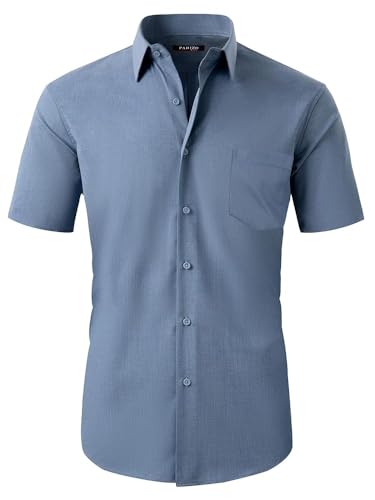 FAHIZO Herren Hemd Regular Fit Einfarbiges Kurzärmeliges Hemd mit Brusttasche Casual,Business & Formal Button Up Hemd für Büro, Blaugrau-L von FAHIZO