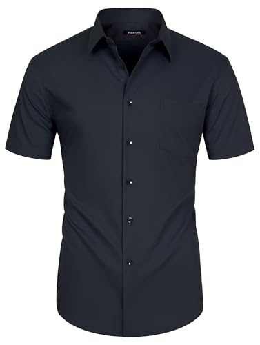 FAHIZO Herren Hemd Regular Fit Einfarbiges Kurzärmeliges Hemd mit Brusttasche Casual,Business & Formal Button Up Hemd für Büro, Schwarz-L von FAHIZO