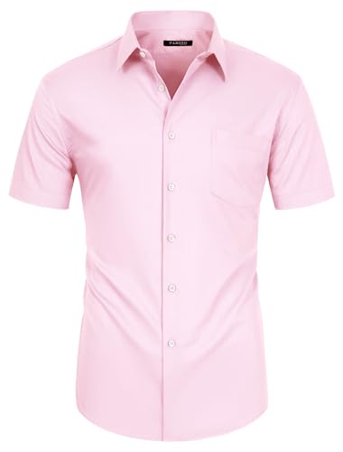 FAHIZO Herren Kleid Hemd Kurzarm Stretch Regular Fit Casual Button Up Shirts mit Tasche, Pink, 5X-Groß von FAHIZO