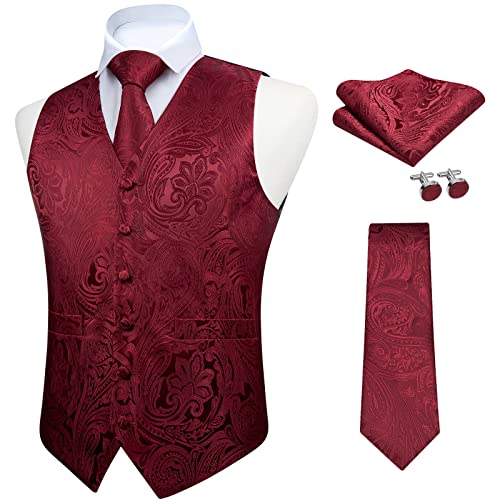 FAIMO Herren Burgund Anzugweste Paisley Floral Jacquard Krawatte Einstecktuch Taschentuch Manschettenknöpfe Weste set Hochzeit Formale Klassische Weste von FAIMO