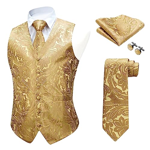 FAIMO Herren Gold Anzugweste Paisley Floral Jacquard Krawatte Einstecktuch Taschentuch Manschettenknöpfe Weste set Hochzeit Formale Klassische Weste von FAIMO