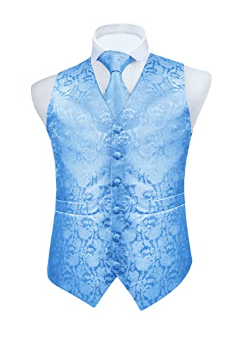 FAIMO Herren Hochzeit Anzugweste Hellblau,Paisley Floral Jacquard Weste & Krawatte Einstecktuch set Klassische Retro Elegant Weste for Männer von FAIMO